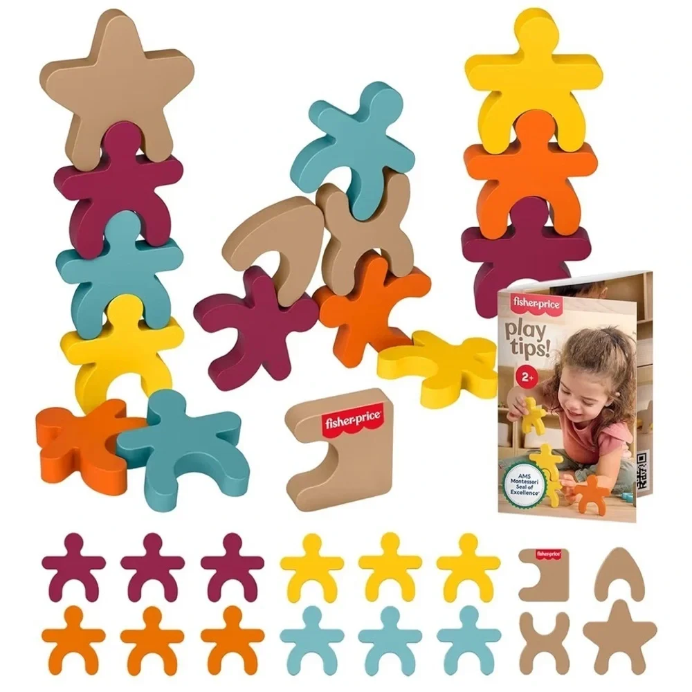 Fisher-Price Wood Montessori Toy Stacking Shapes NEW Colorful Stacking Figures
